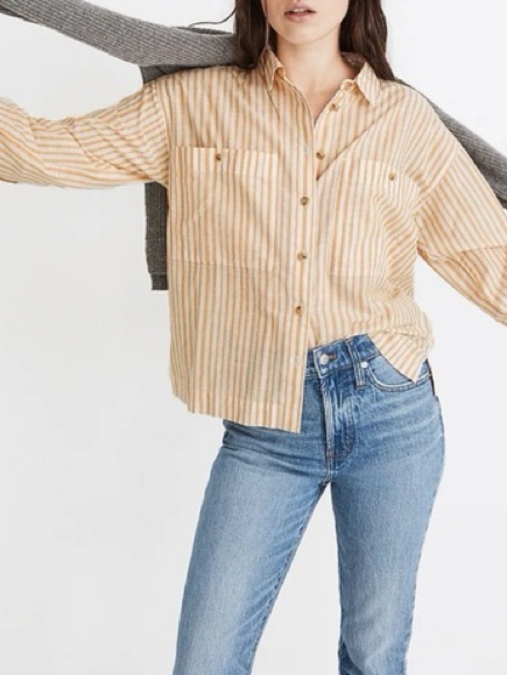 Madewell Boxy Workwear Shirt in Irregular Stripe Golden Long Sleeve Top Yellow - Picture 6 of 6